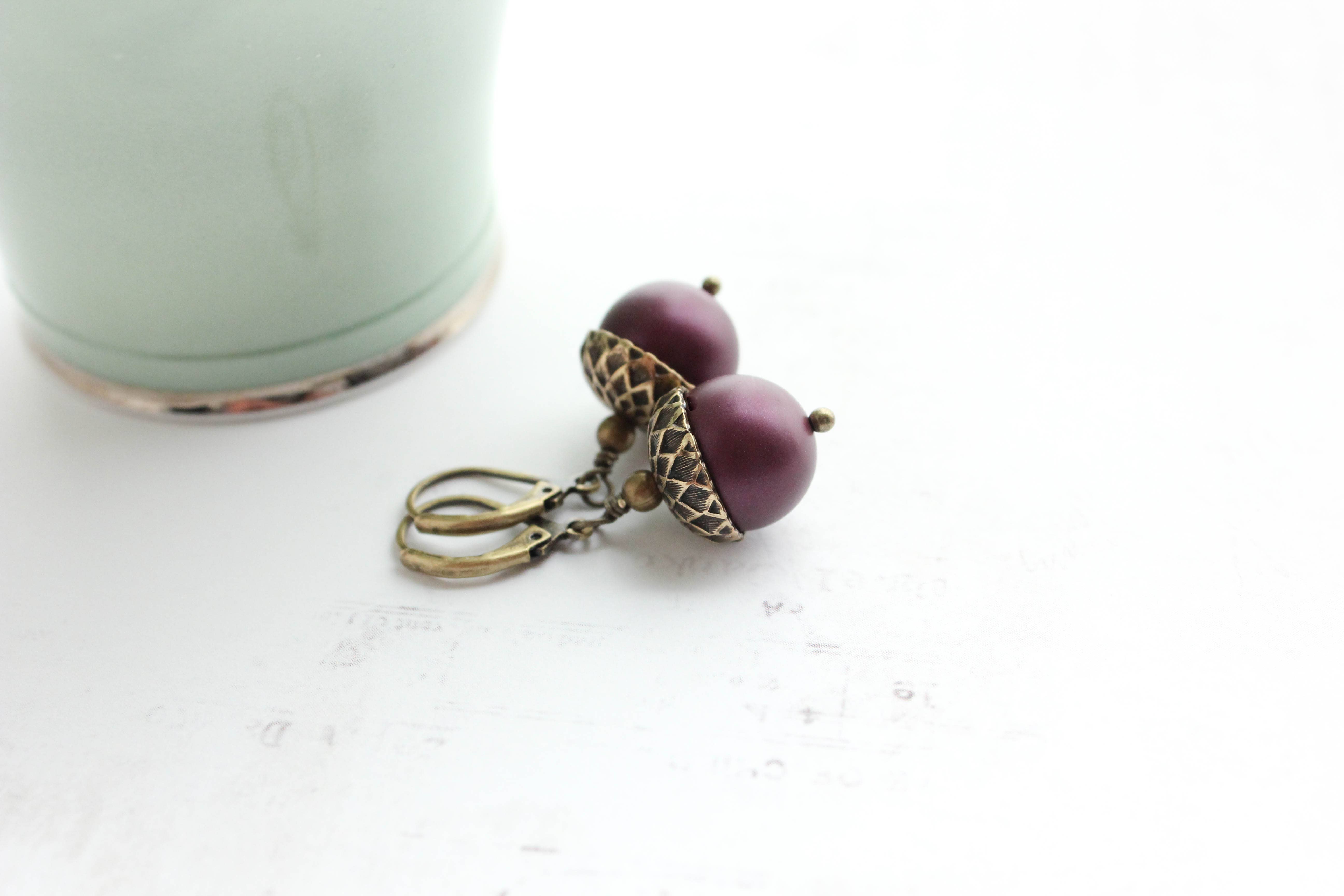 A Pocket of Posies - Wholesale Dangle Earrings - Pearl Acorn Earrings (21 Colors) - ANTIQUED BRASS1