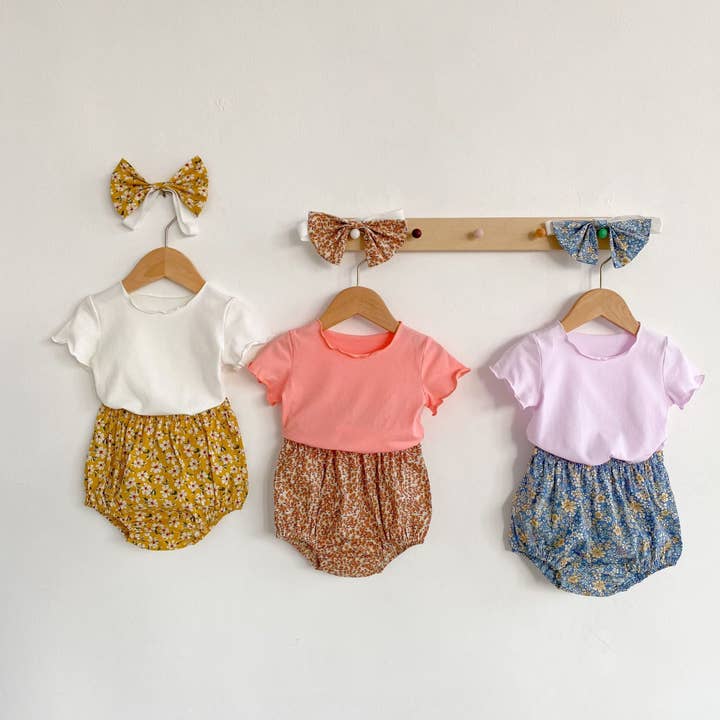 Baby Meisje Effen Kleur Houten Oorontwerp T-Shirt Combo Bloemen Shorts 2-Delige Sets voor wholesale door MyKids-USA®