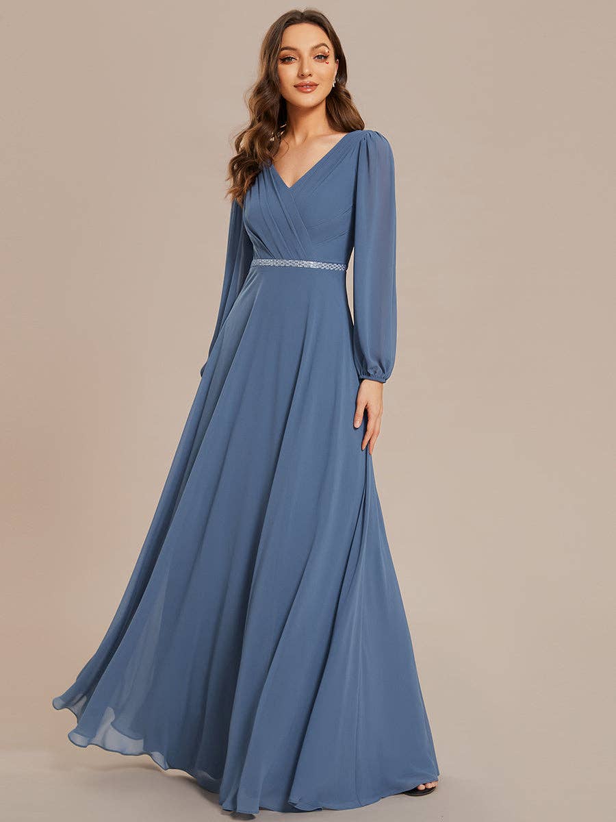 Ever-Pretty - Wholesale Gown - Women's - Elegant waisted chiffon V-neck Long Sleeve guest Dress73