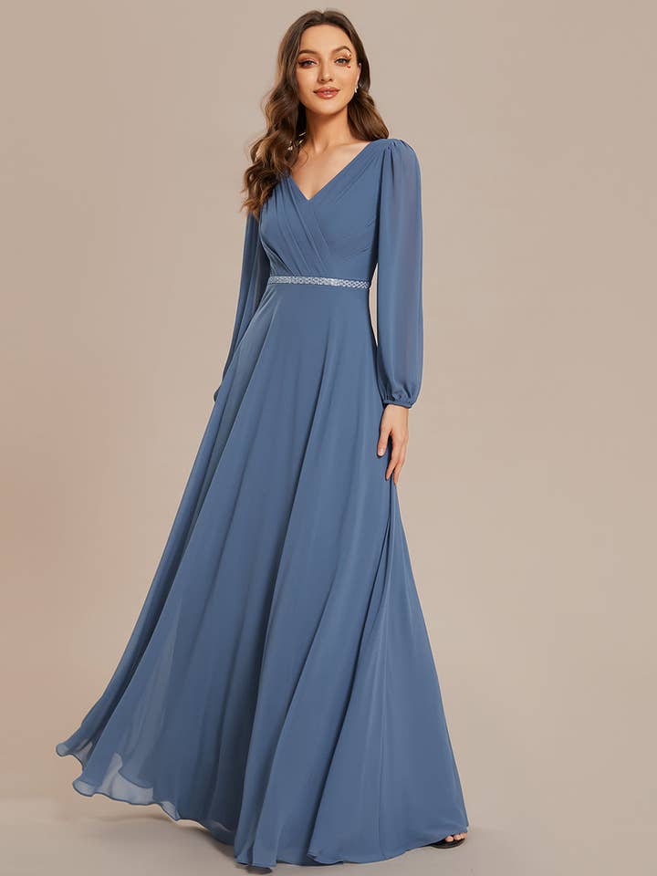 Ever-Pretty - Wholesale Gown - Women's - Elegant waisted chiffon V-neck Long Sleeve guest Dress73