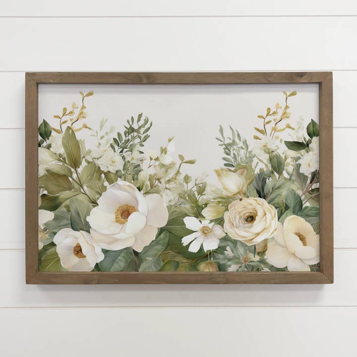 White Flower Garden - Framed Nature Decor - Farmhouse Art for wholesale by Hangout Home