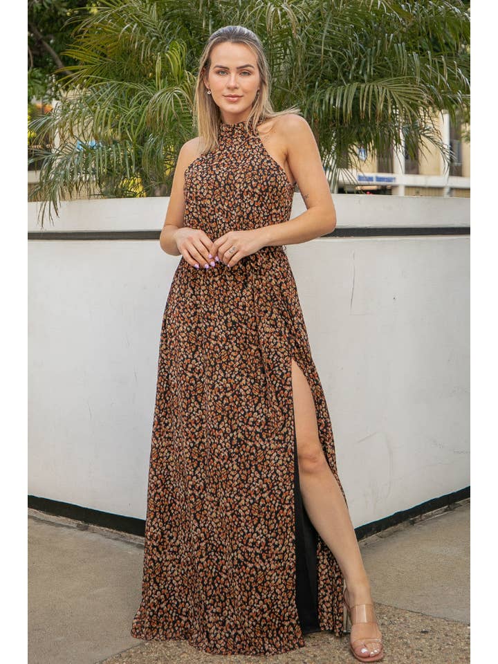 R69841 ANIMAL PRINT CHIFFON MAXI DRESS BLACK for wholesale on Faire