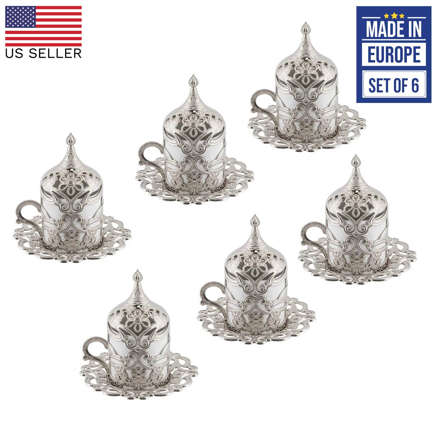 Hakan - Wholesale Coffee/Tea Cup - Floral Turkish Coffee Cups Set of 6, 24 Pieces Set, 2 Oz3