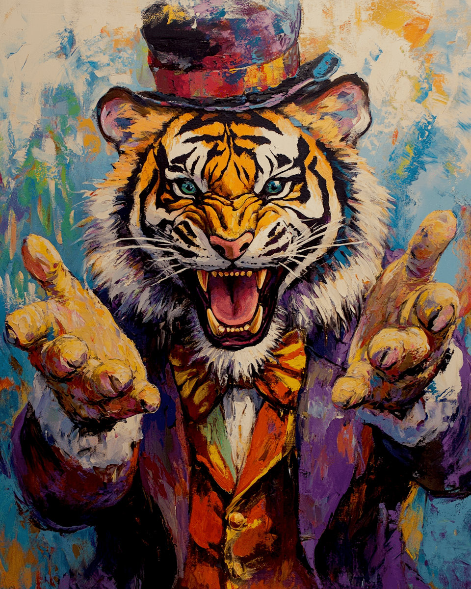 Mowbi – wholesale Art print – Tiger Ringmaster Welcomes - Animal Circus Clowns Wall Art Prints – 8″x10″ Artwork for 11″x14″ Frame0