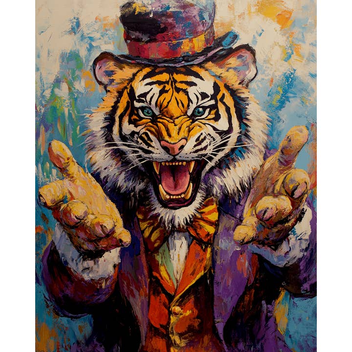 Mowbi – wholesale Art print – Tiger Ringmaster Welcomes - Animal Circus Clowns Wall Art Prints – 8″x10″ Artwork for 11″x14″ Frame