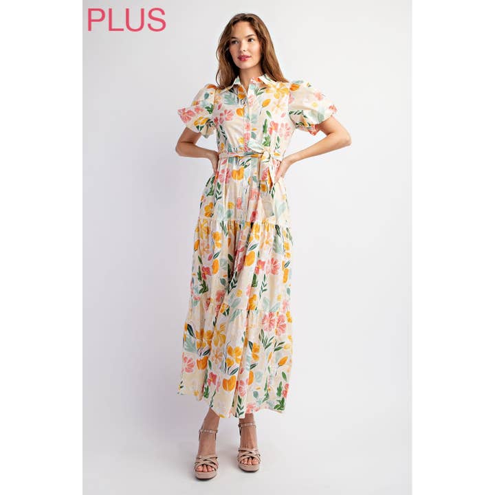 Beige Multi PLUS COTTON FLORAL PRINT SHIRT TIERED MAXI DRESS WITH PUFF S for wholesale on Faire