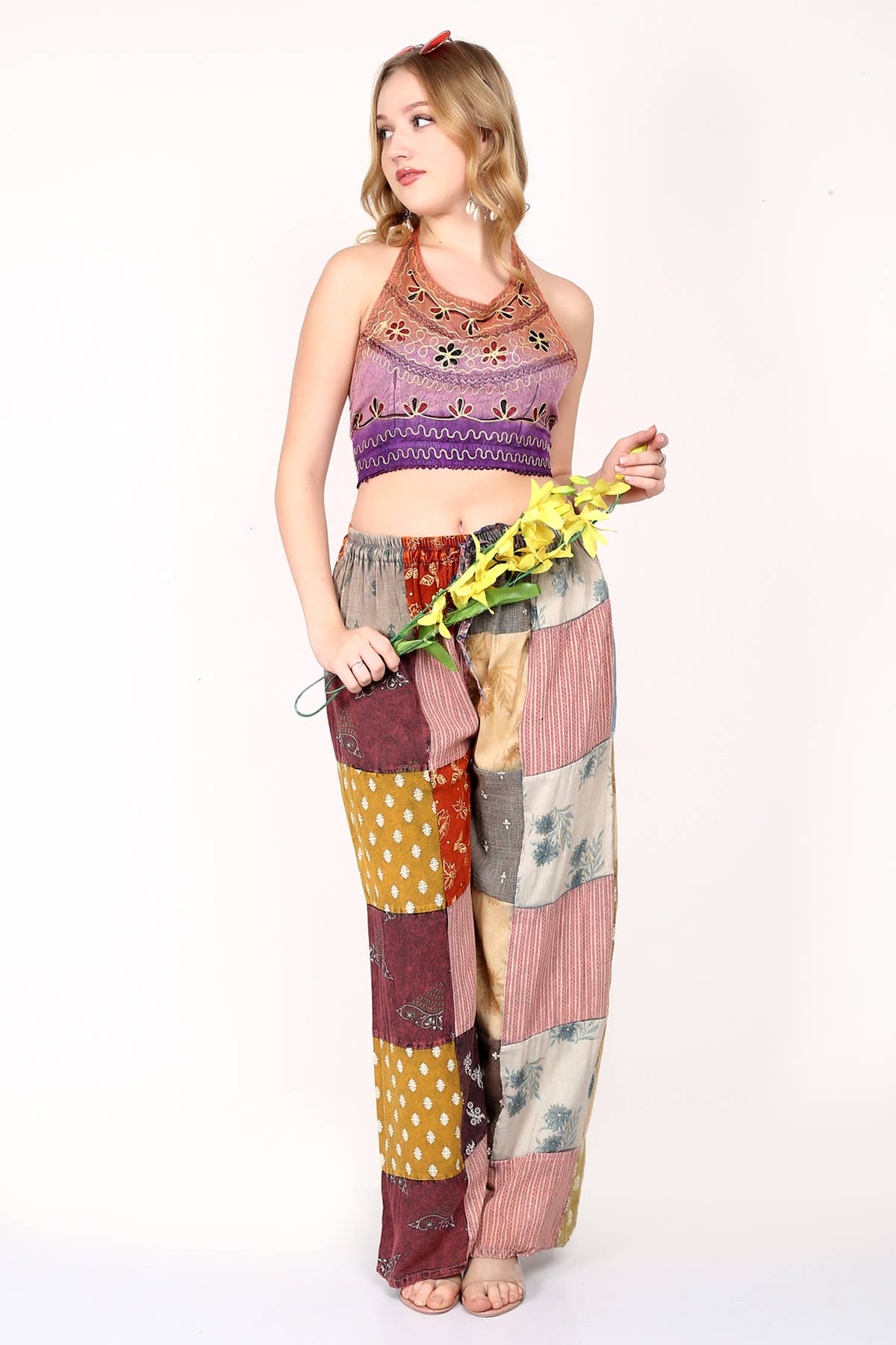 Wevez - Wholesale Pants - Women's - Women Patchwork Wide Leg Acidwash Elastic Waist Pant Mix Lot2