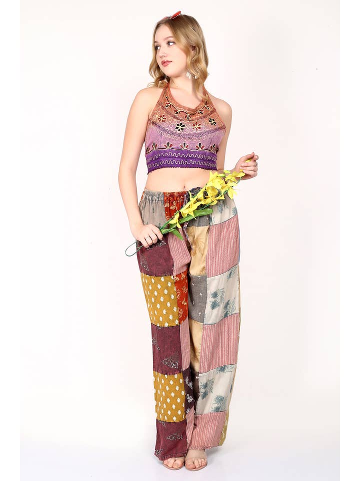 Wevez - Wholesale Pants - Women's - Women Patchwork Wide Leg Acidwash Elastic Waist Pant Mix Lot2