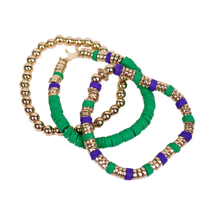 Bracelet Krewe Bead Stack, vert/violet/doré, 7 pouces pour la vente par The Royal Standard