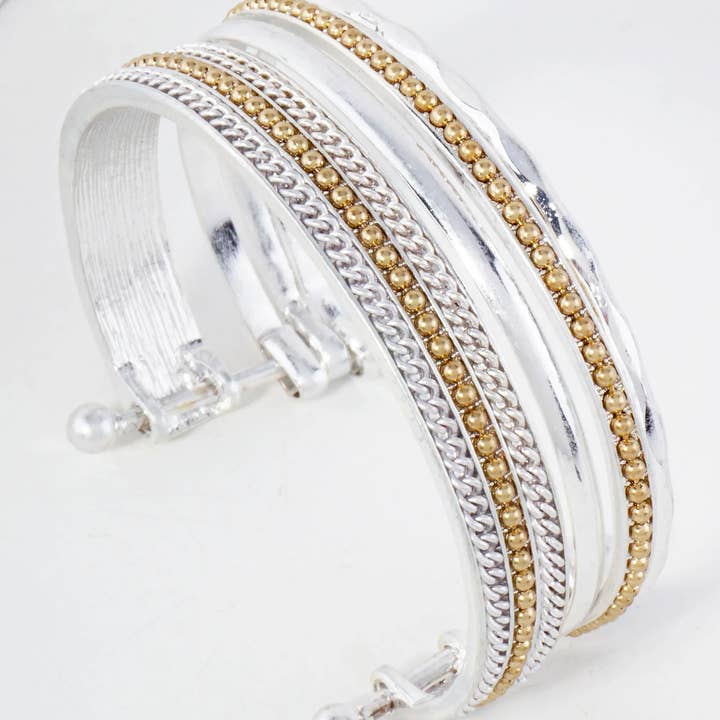 Wild Honey - Wholesale Cuff Bracelet - Dual-Tone Chain Ball Textured Layered Metal Open Cuff Bracelet3