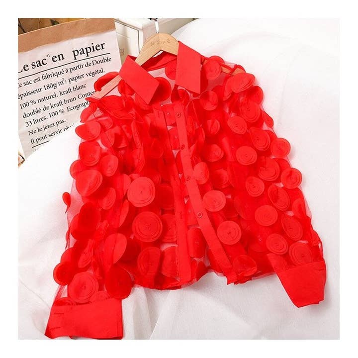 FurDecoration – wholesale Tröja med knappar – Dam – Stilren 3D-blus i blommig organza
