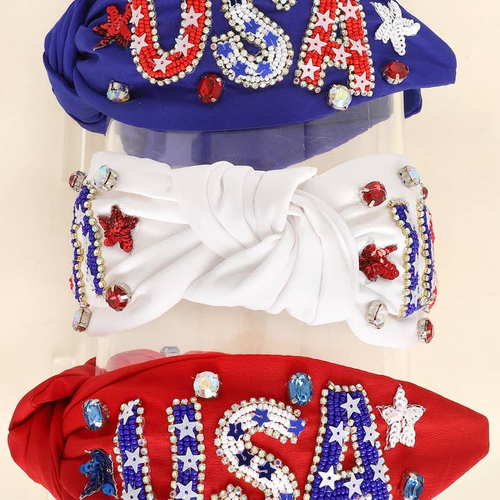 SP Sophia Collection - Wholesale Fashion Headband - Women's - USA Patriotic Lettering Jeweled Beaded Headband1