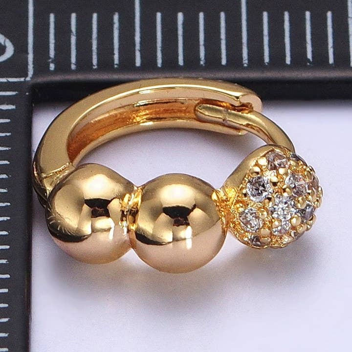 Gold Triple Rounded Beaded Bubble Ball Micro Paved CZ 14mm Huggie Earrings | AB050 for wholesale by Aim Eternal