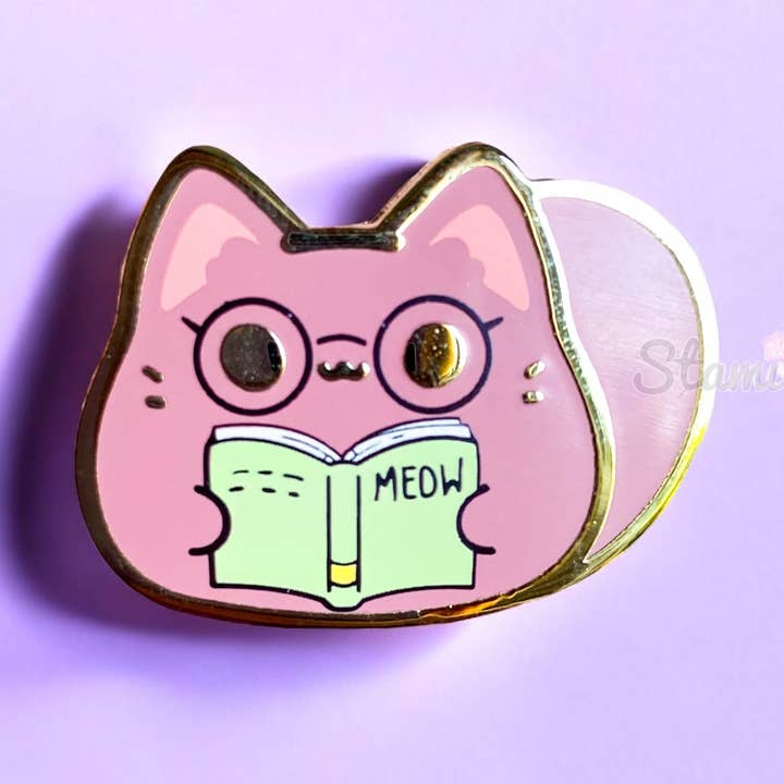 Always Reading Kitty Bean Pin for wholesale by Stami Studios
