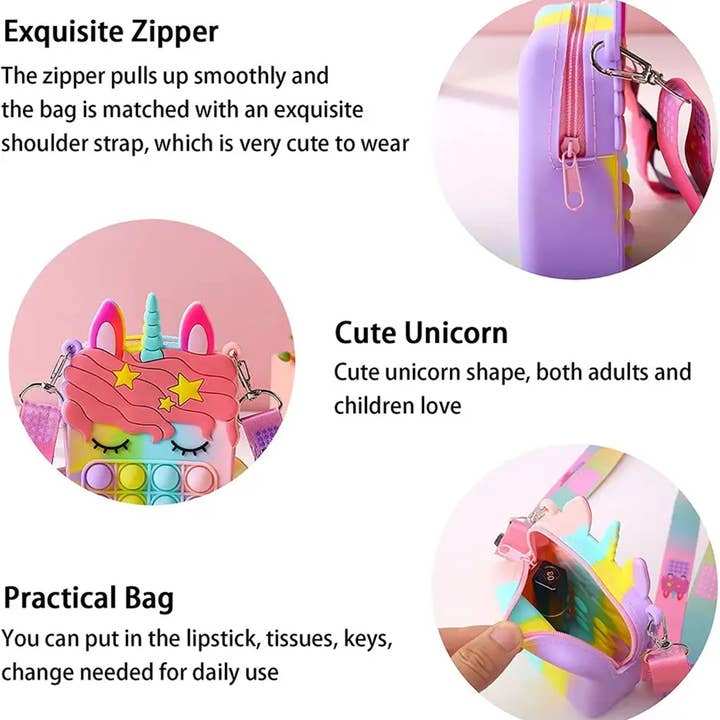 JSBlueRidge Toys – Engroshandel Crossbodytaske – til børn – Enhjørning Pop it Fidget Stuffer Valentins Pige Taske9