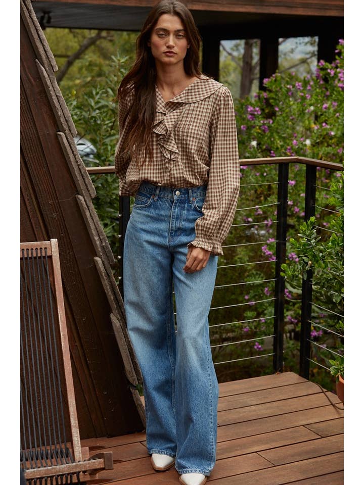 Brown L8738 | Woven Cotton Gingham Ruffled Blouse for wholesale on Faire1