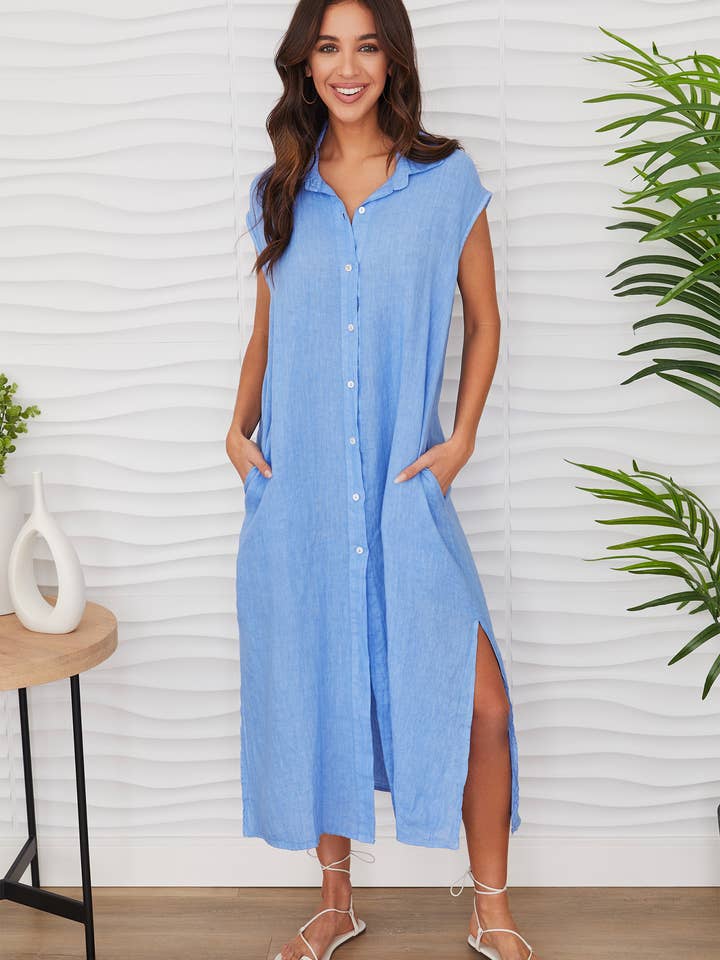 LONG CRINKLE LINEN SLEEVELESS DRESS (24.2385/22.2120/80803) for wholesale by MILIO MILANO