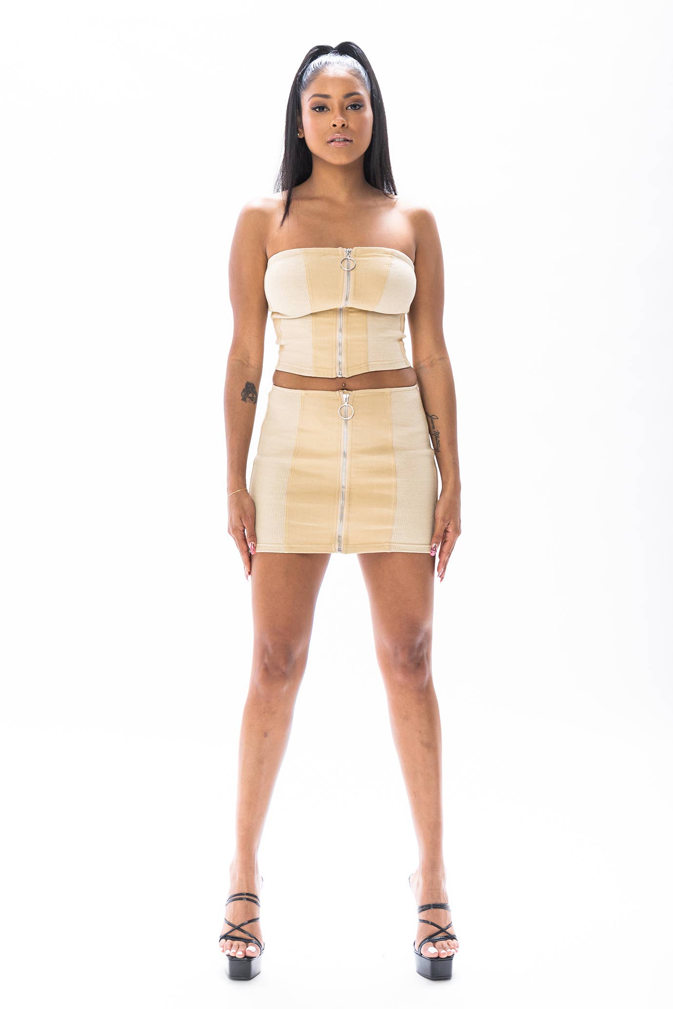 Khaki Sleeveless contrast zipper top and mini skirt set for wholesale on Faire1