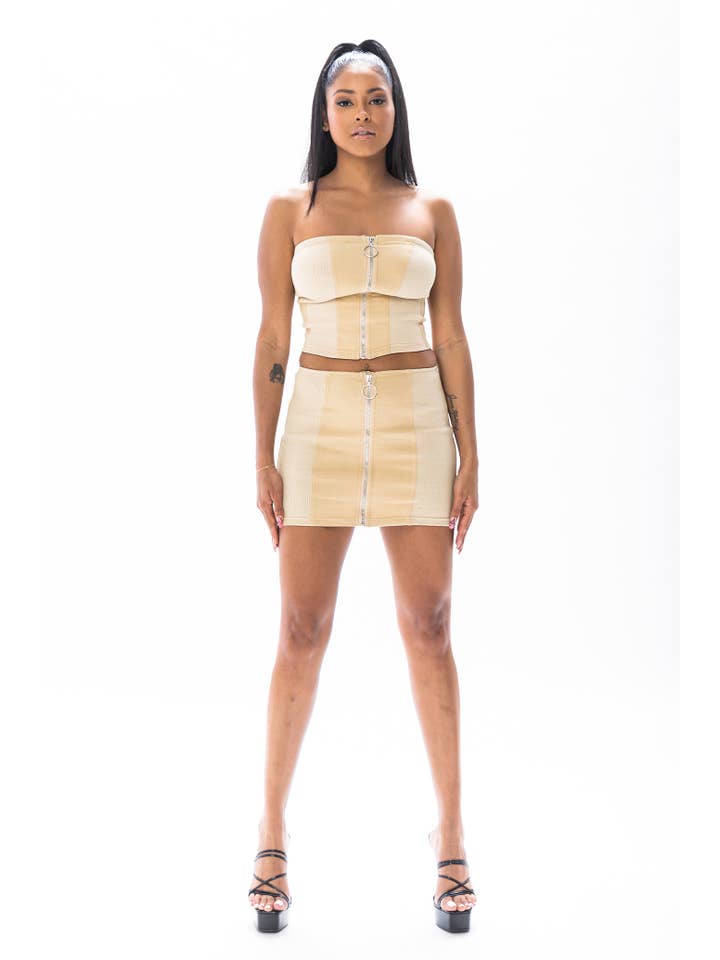 Khaki Sleeveless contrast zipper top and mini skirt set for wholesale on Faire1