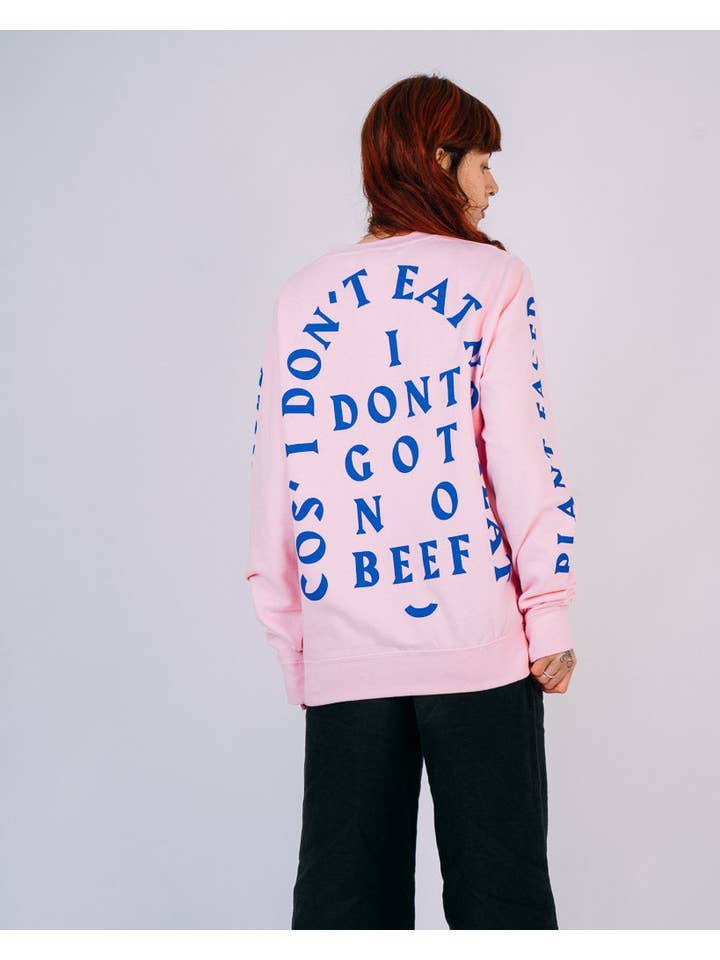 Plant Faced Clothing - Vendita all'ingrosso Felpa stampata - Unisex - Maglione No Beef - Rosa confetto x Blu elettrico8