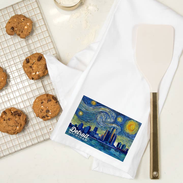 Lantern Press - Vendita all'ingrosso Strofinacci - CANOVACCIO BIOLOGICO Detroit, Michigan, serie Starry Night6