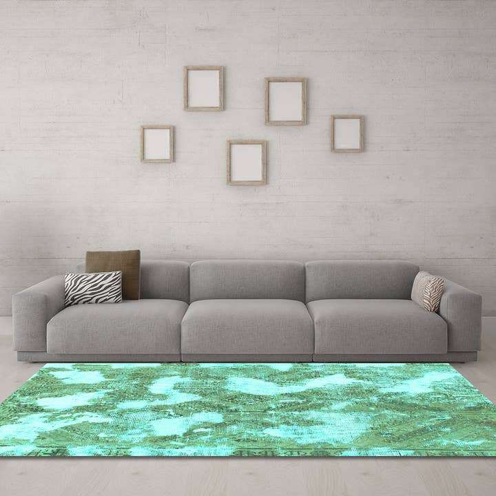 Tapis moderne de couleur turquoise abstraite lavable en machine pour la vente par Ahgly