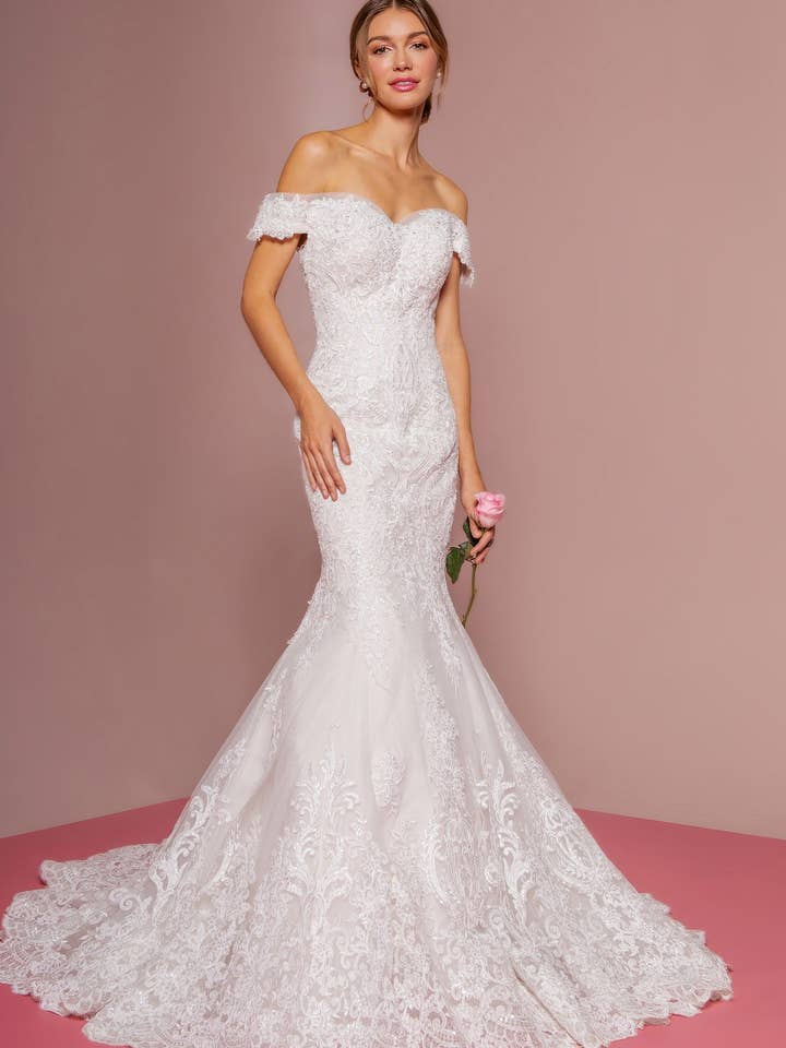 Cut-Away Shoulder Embroidered Mesh Mermaid Wedding Gown for wholesale by Tux-USA®