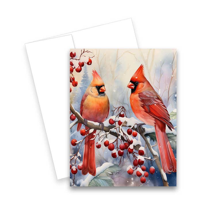 Christmas Cardinals Notecards - Set of 1 or 4, Holiday Card for wholesale by Aria Rae