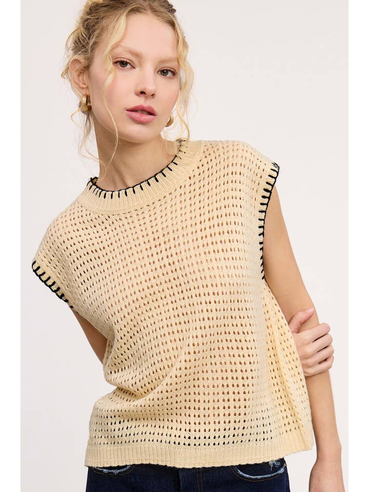 La Miel - Wholesale Sweater Vest - Women's - MDS3597-Crochet Knit Stitching Detailed Sleeveless Top