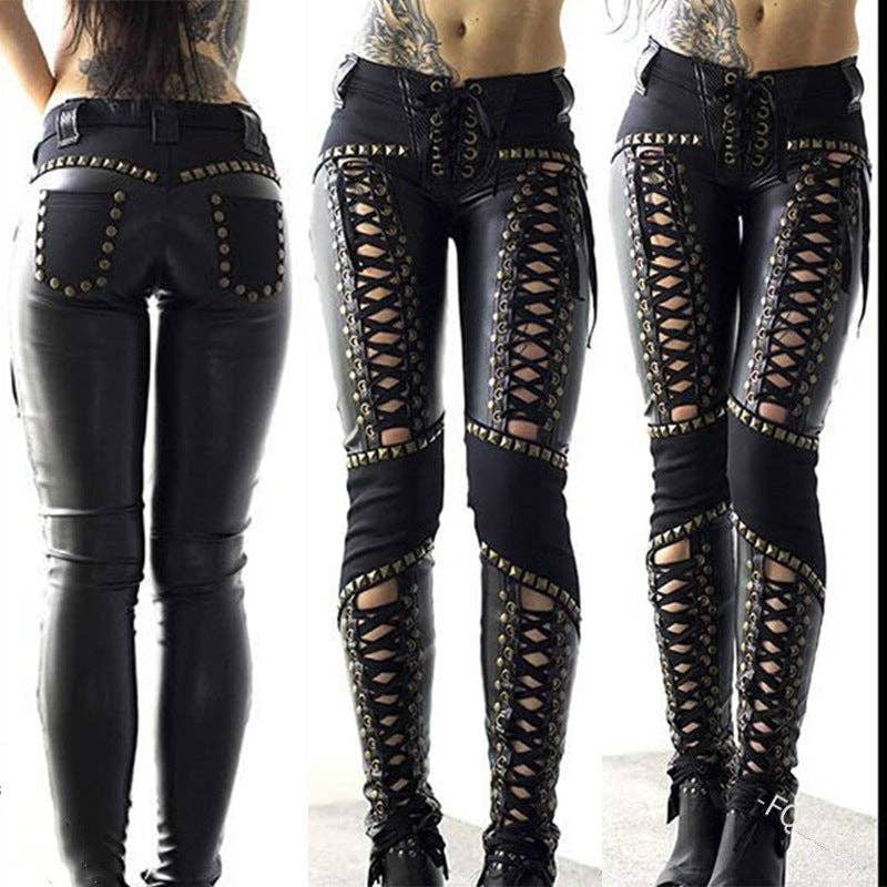 Black Punk Rock Imitation Leather Strappy Pencil Pants for wholesale on Faire0