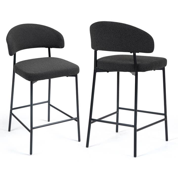 Ensemble de 2 tabourets de comptoir Bennett noirs en bouclé rembourré pour la vente par Glamour Home