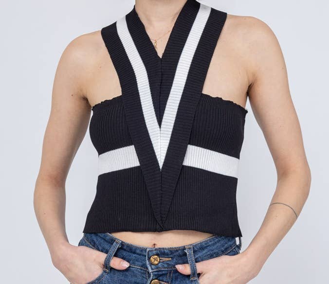 MOOYA - Venta al por mayor Jersey corto de punto - Mujer - Top corto de punto con espalda cruzada CH0102