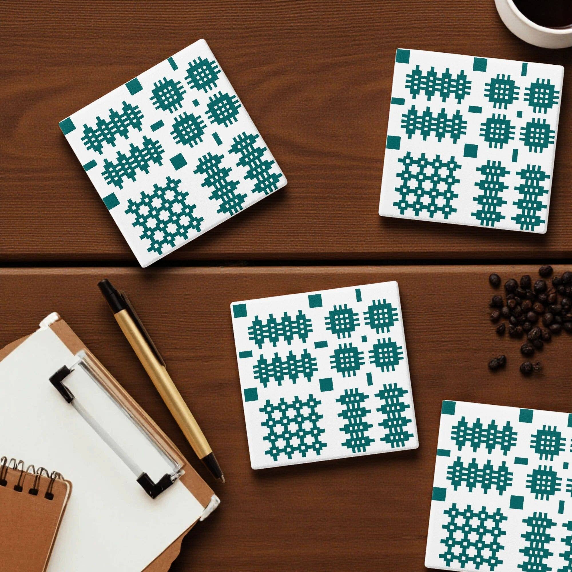 Moose & Co – wholesale Coasters – White and Teal Welsh Tapestry Blanket Print Coaster  1