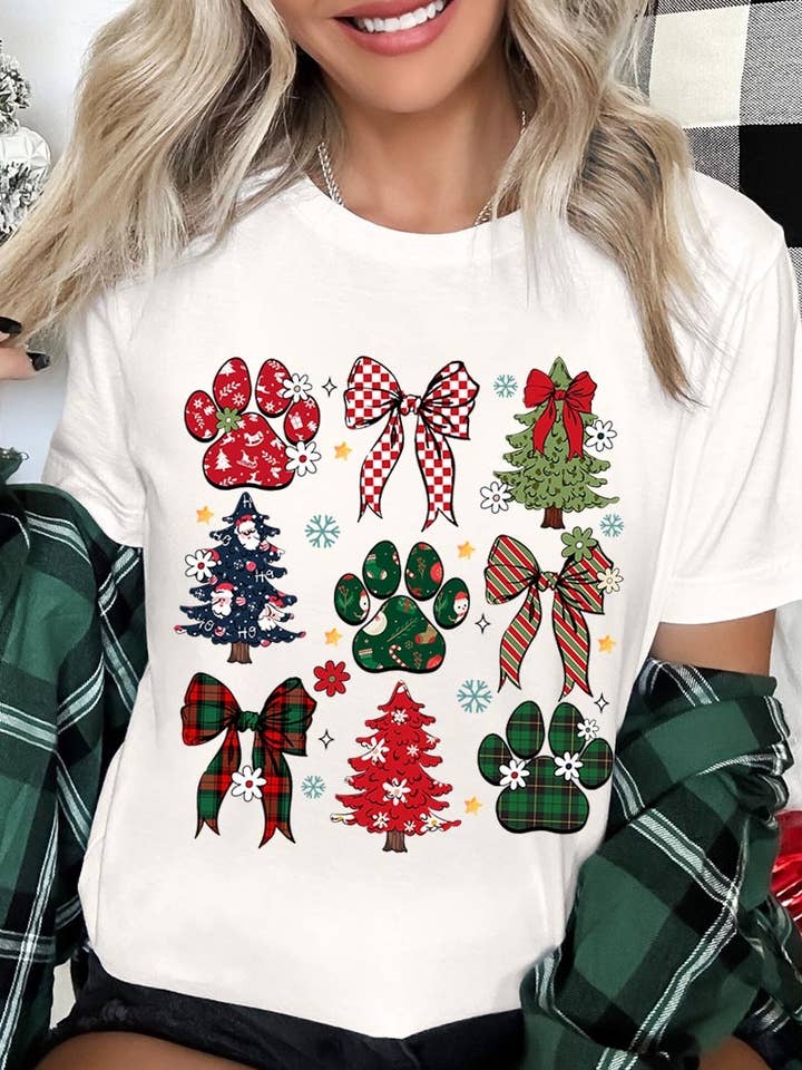 T-shirt graphique avec nœud de Noël et patte pour la vente par Pink Irene Wholesale