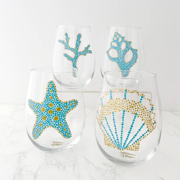 Hand Painted Sea Motif Stemless Wine Glasses S/4, Aqua/Gold for wholesale by REUVEN Designs