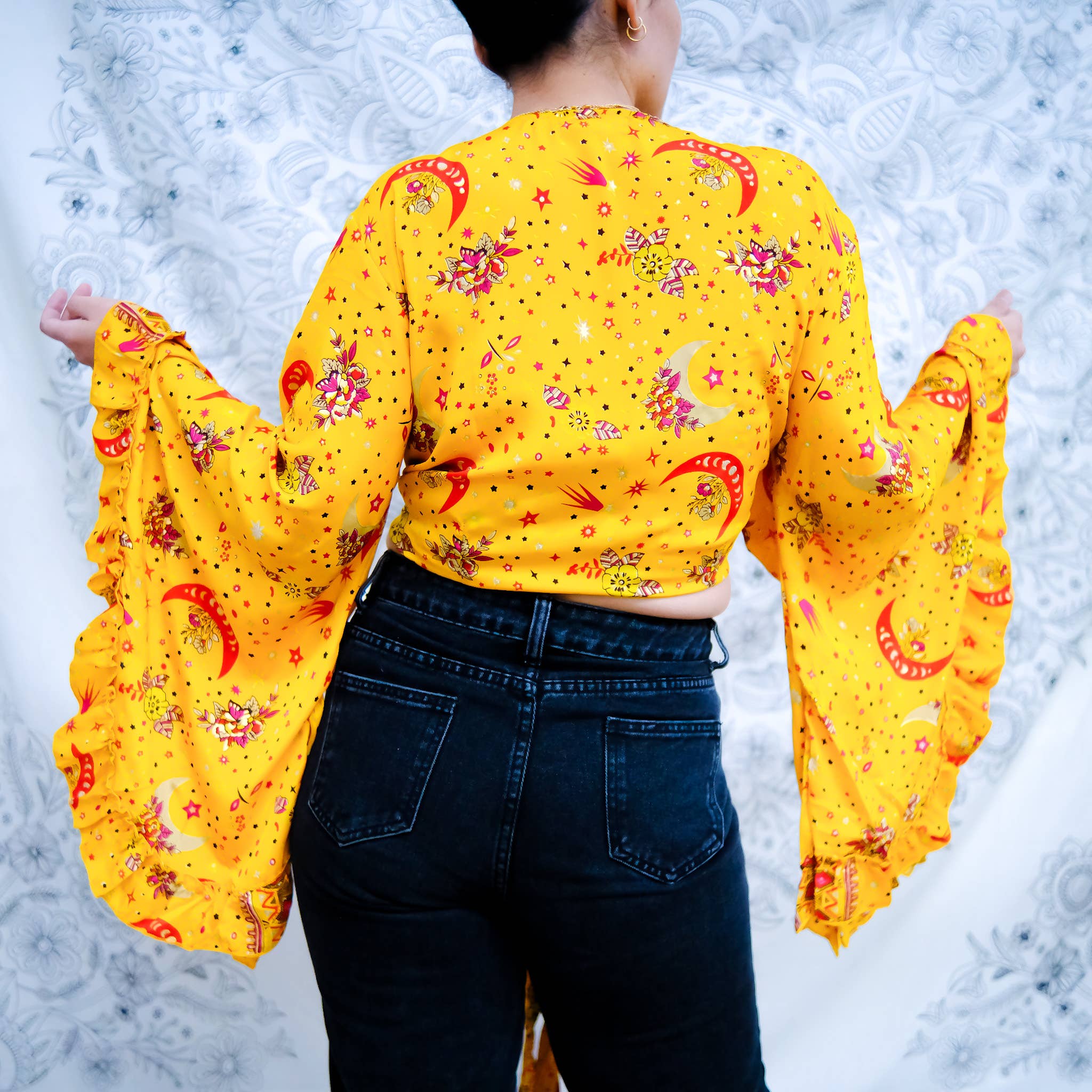 Karma Nepal Crafts - Wholesale Blouse - Women's - Bohemian Celestial Style Bell Sleeve Wrap Top with Ruffle10