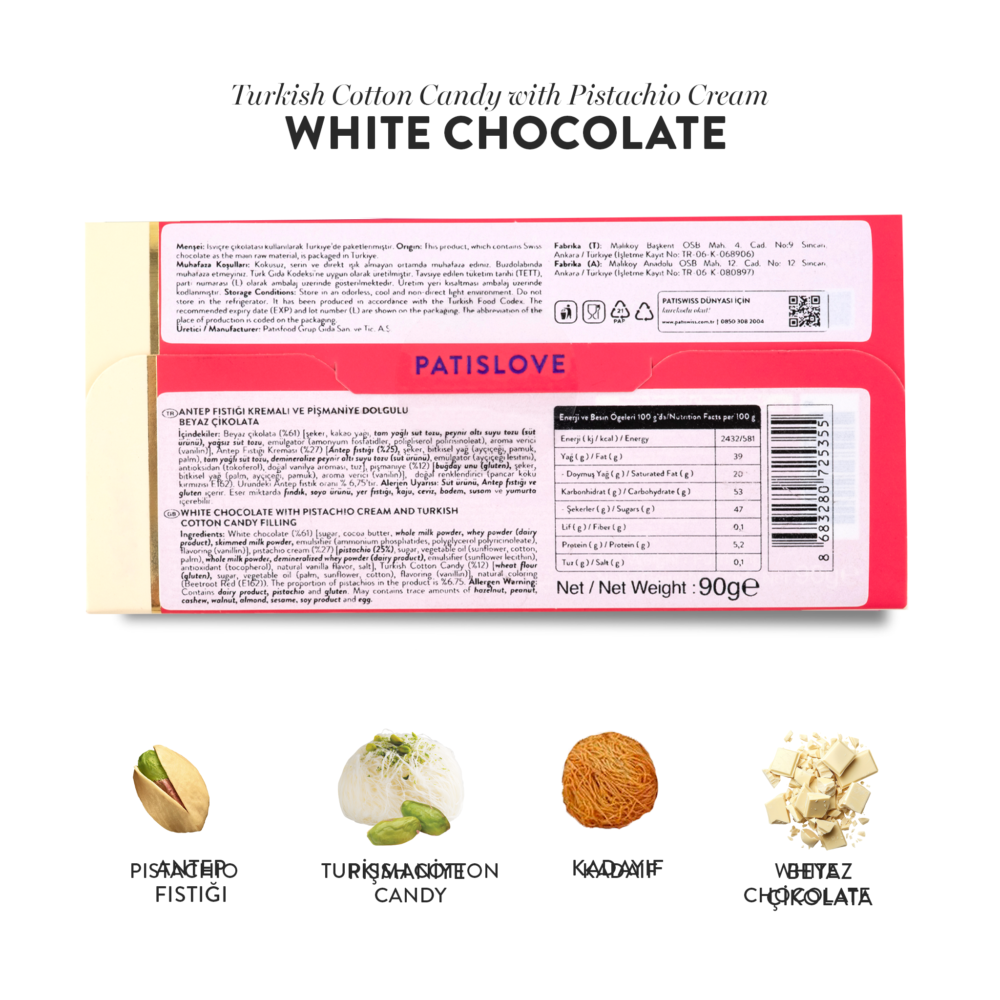 Patislove - Wholesale Chocolate Covered Sweets - Angel’s Hair White Chocolate Pistachio & Cotton Candy, 90G2