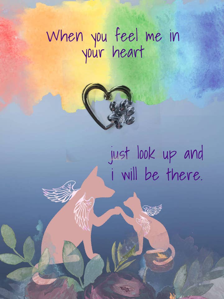 When you feel me in your heart: Card With Heart Paw Pin for wholesale by Angel Sayings
