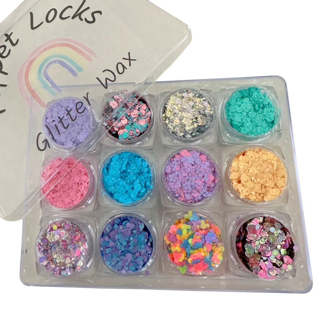 Poppet Locks – Glitter/shimmer por atacado – Conjunto de Ceras/Bálsamos Pastel Glitter - Pack de 12 cores3