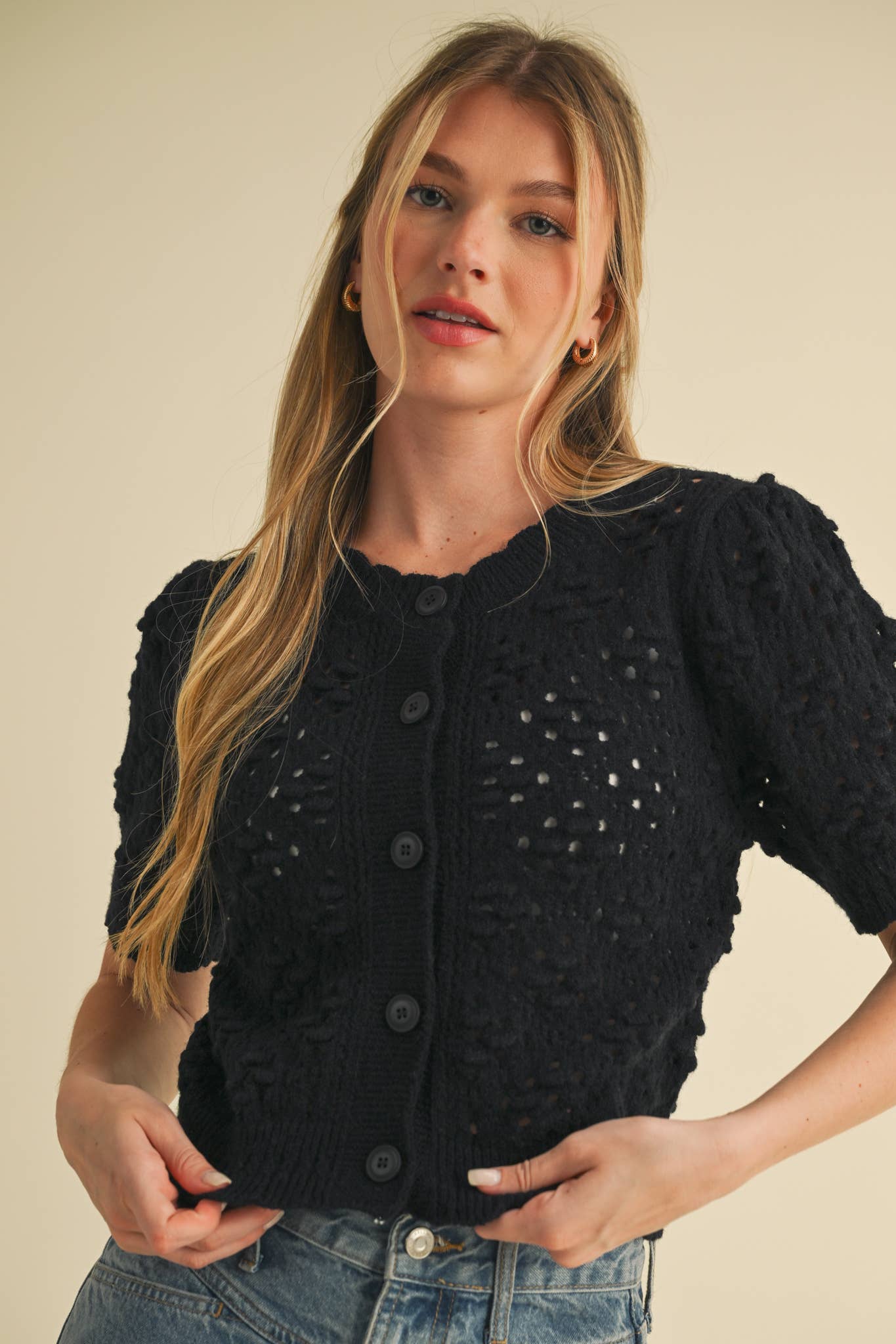 &MERCI - Wholesale Cardigan - Women's - CROPPED POINTELLE BUTTON DOWN SWEATER CARDIGAN MSW1085744