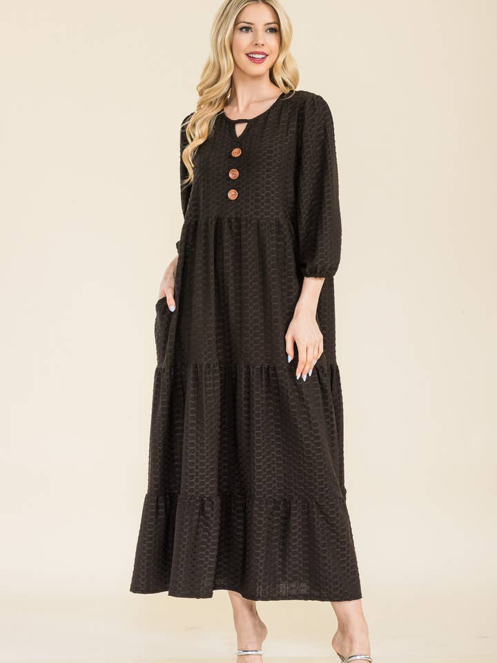 WOMEN'S PLUS SIZE HONEYCOMB TIERED DRESS WITH SIDE POCKETS for wholesale by Celeste Clothing