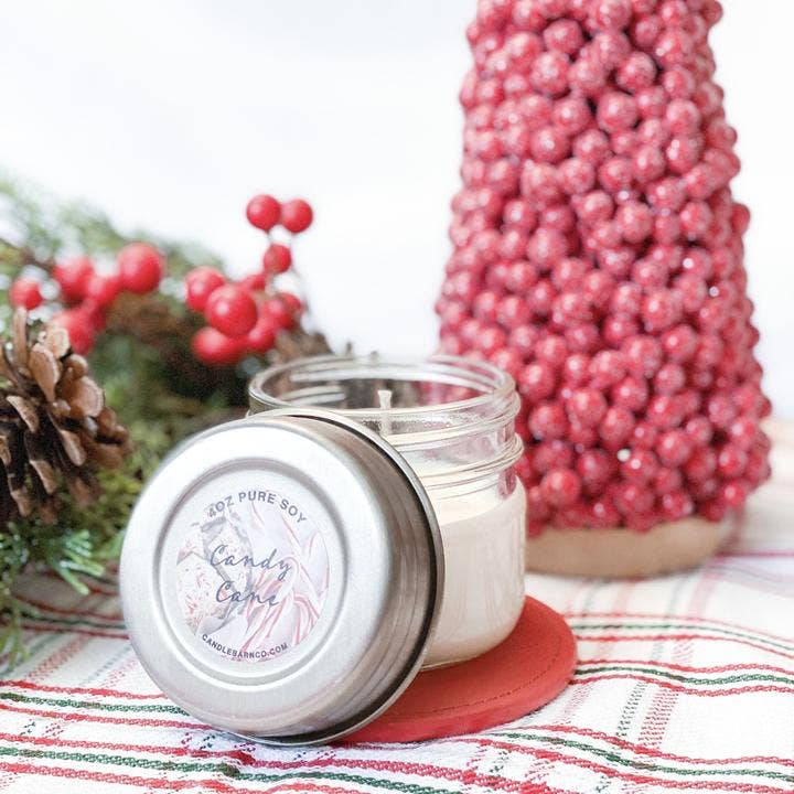 4oz Candy Cane Mason Jar Soy Candles for wholesale by Timber Oak Candles