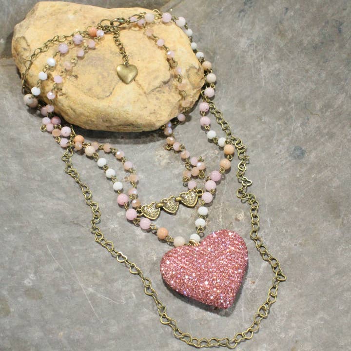 Triple Layered Sparkling Pink Heart Necklace for wholesale by The Primitive Peddler, Inc.