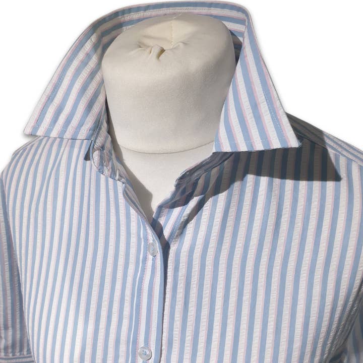 Grenouille Ladies 3/4 Sleeve Blue & Pink Stripe Seersucker for wholesale by Salamander Shirts Ltd