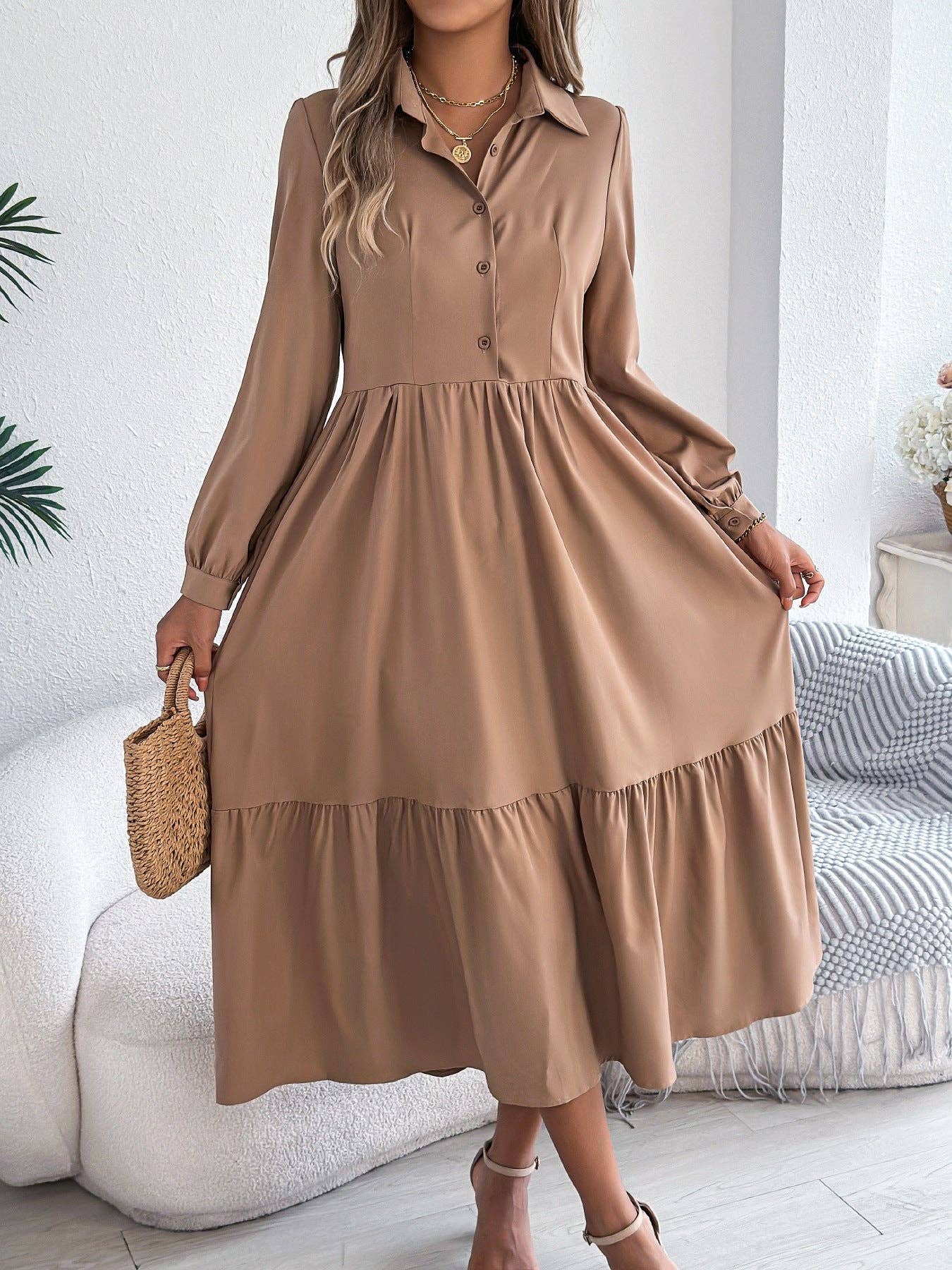 safistyle - Wholesale Dress - Women's - Lapel Long Sleeve Loose Shirt Dress with Ruffles0