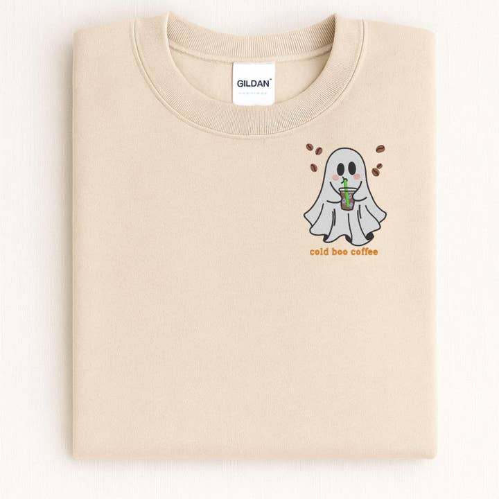 Grant Custom Creations LLC - Wholesale Sweatshirt - Women's - Cold Boo Coffee Ghost Embroidery Sweatshirt | Halloween Fall Coffee Lover Shirt | Spooky Cute Ghost Crewneck | Cozy Autumn Pullover3