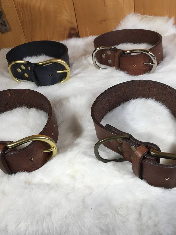 Wide Leather Dog Collar with Traditional Buckle & Nameplate for wholesale by Frost & Ember Creations, LLC
