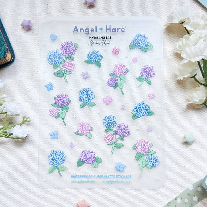 Hydrangeas Waterproof Sticker Sheet for wholesale by Angel + Hare