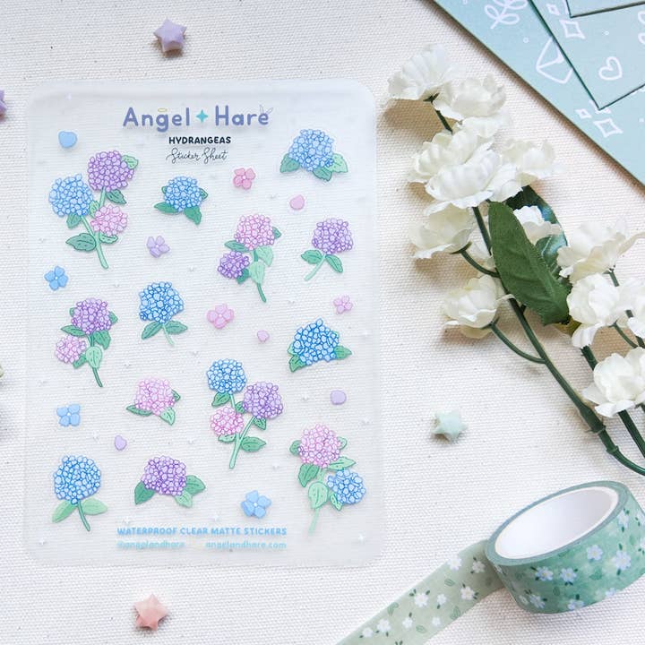 Hydrangeas Waterproof Sticker Sheet for wholesale by Angel + Hare