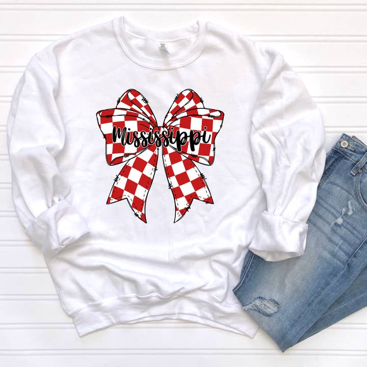 Mississippi checker bow sweatshirt or tee adult and kids for wholesale by Cotton Threads